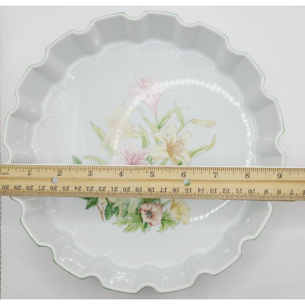 Vintage Shafford Jade Lily Quiche Tart Dish Plate Porcelain Lilies Green Rim - Picture 8 of 10